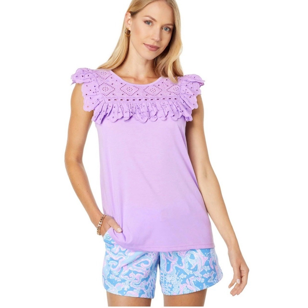 NWOT Lilly Pulitzer Bev Lavender Eyelet Flutter Sleeve Top L Cotton Embroidered